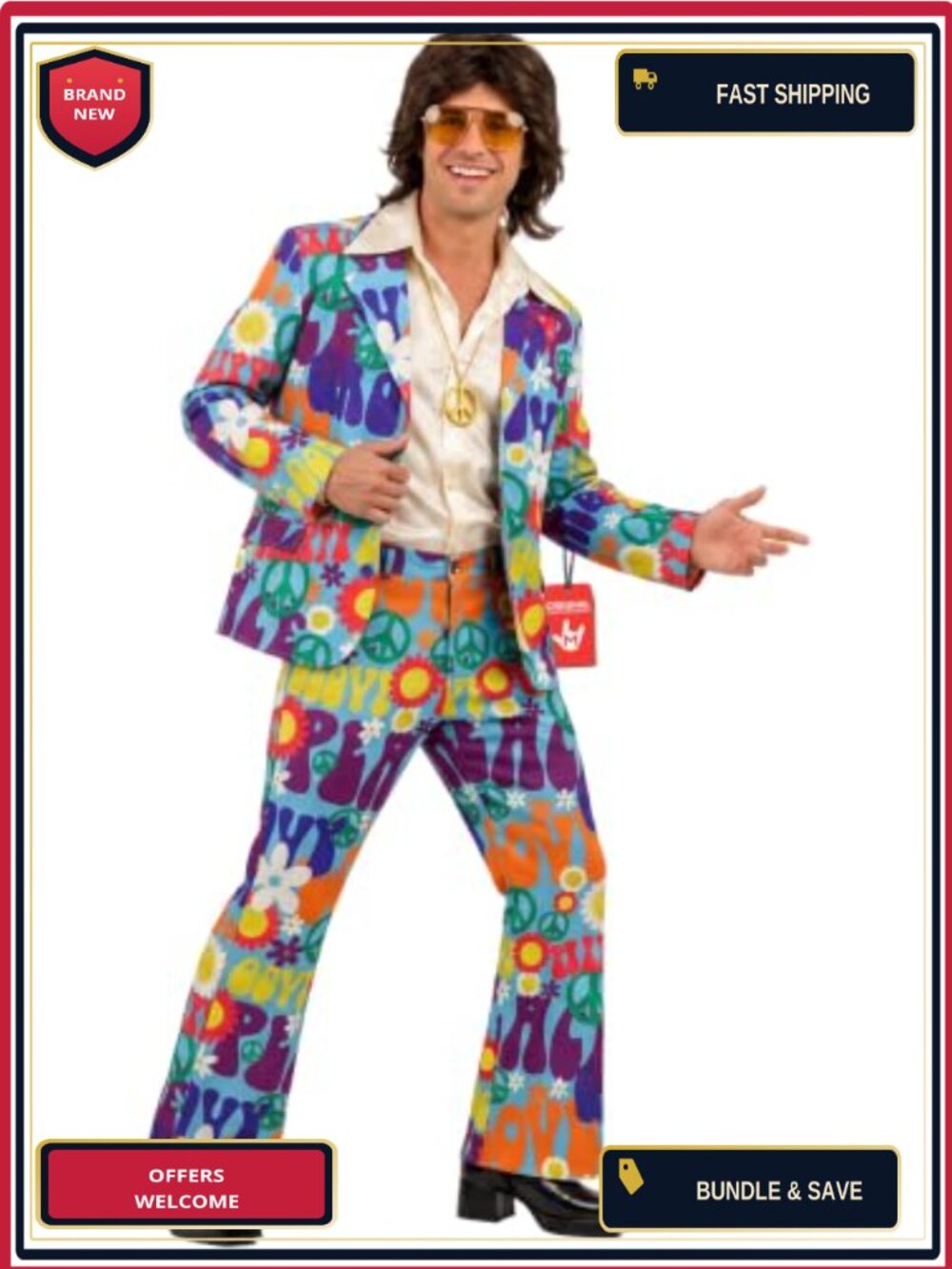 Men's Hippie Costume 70s Retro Suit Jacket Flared Trousers Halloween